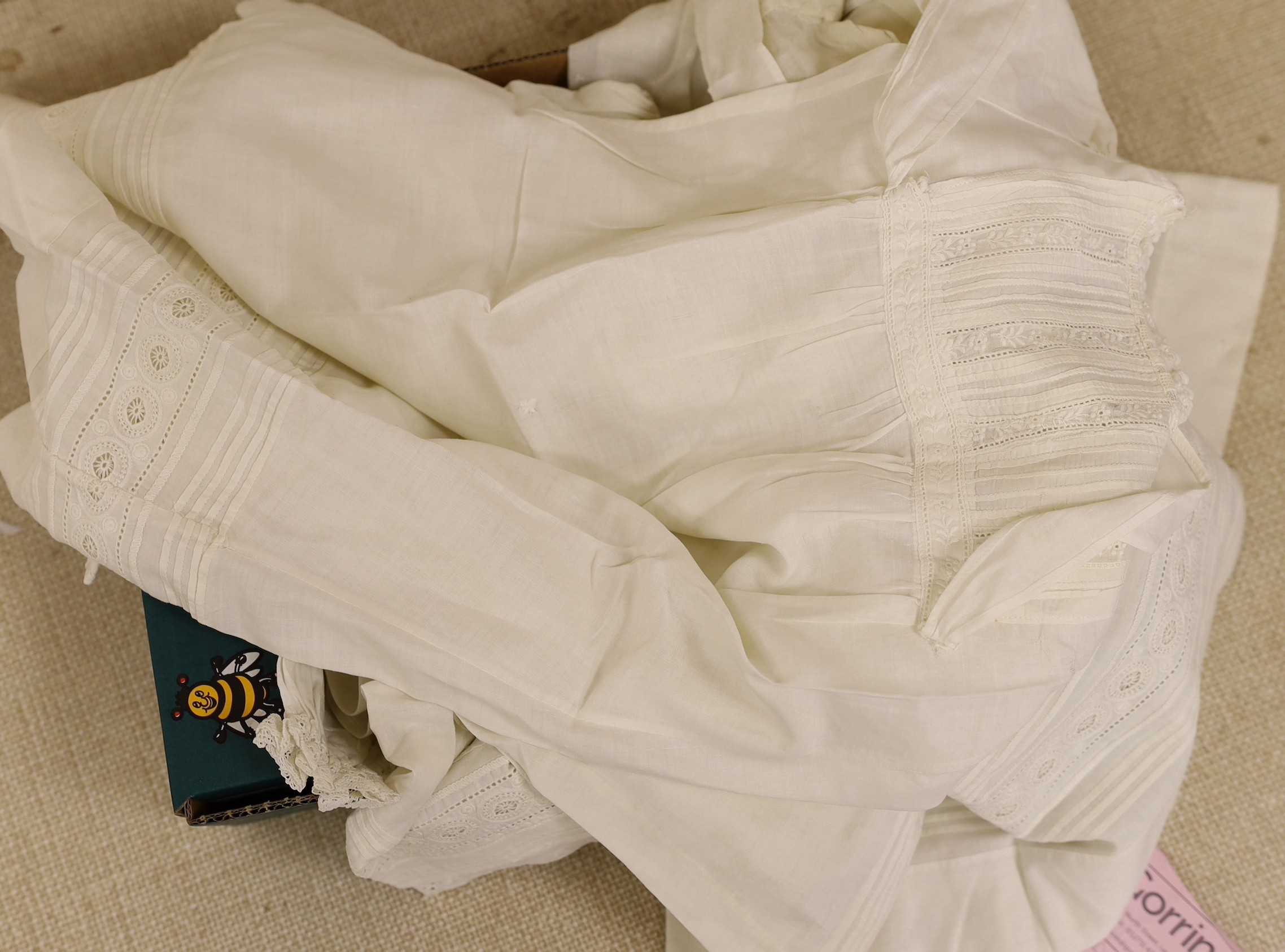 A 19th century Scottish Ayrshire, hand white worked christening gown and a similar baby dress, together with a collection of other 19 th century baby wear.